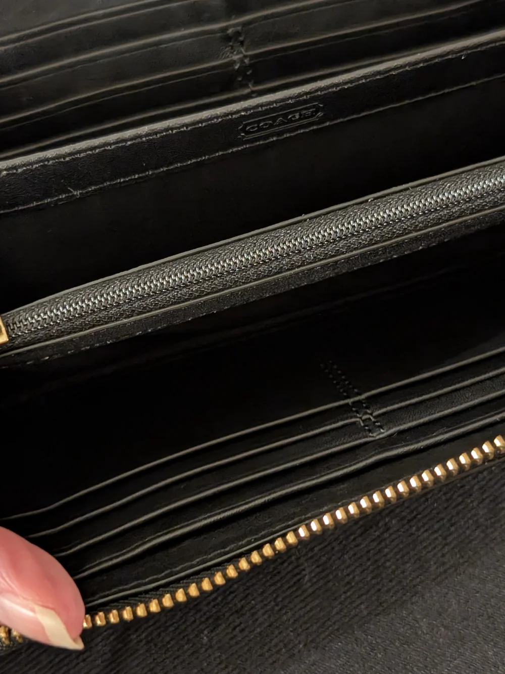Coach Black Leather Zip Around Continental Wallet Gold
